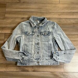 Free People Womens Light Wash Distressed Denim Trucker Jacket Blue XS OB403289